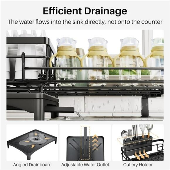 Extendable Dish Drying Rack Over Sink Black Utensil Holder Kitchen Organizer - Picture 6 of 7